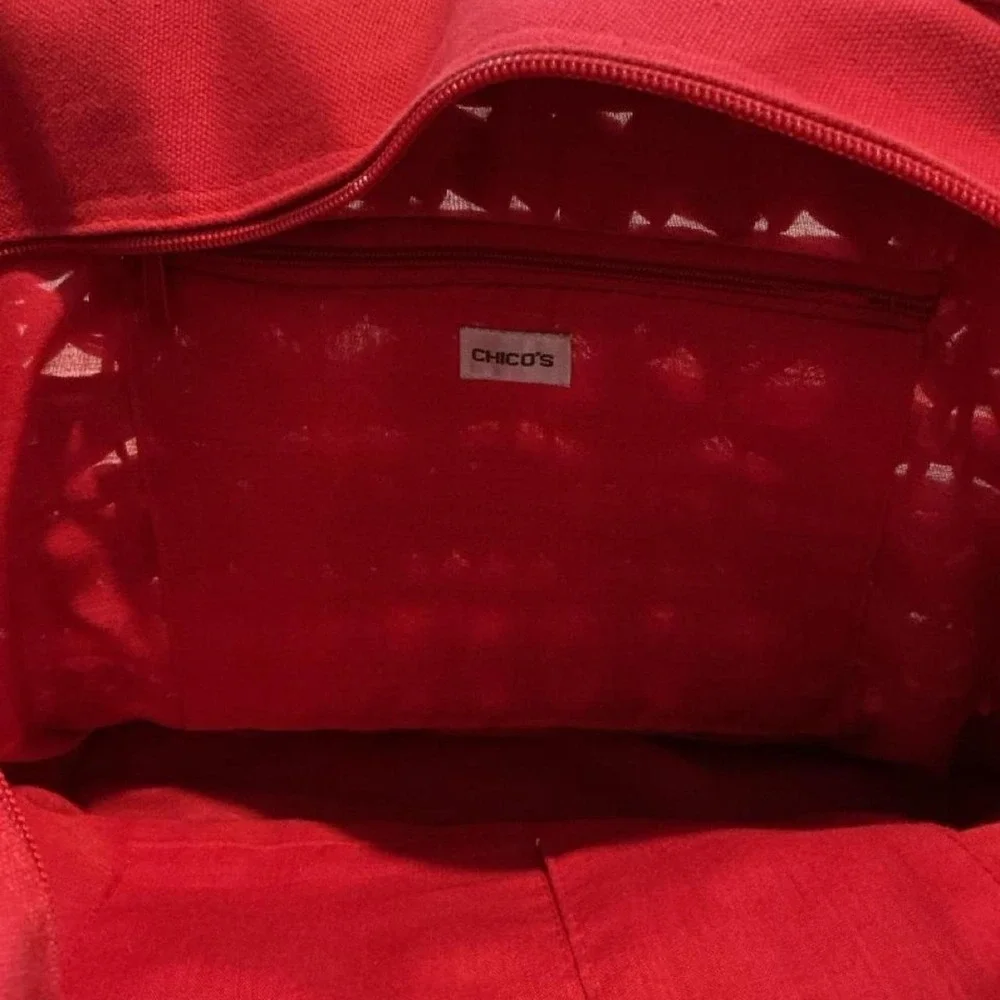 Chico's Straw Tote Bag Womens Red Woven Beaded Handle Zip Closure